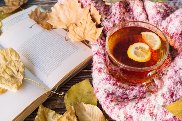Outono chá com livro aberto