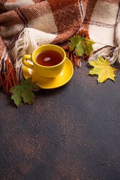 Outono com xícara de chá, manta e folhas Foto Premium
