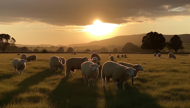 Foto grátis ovelhas pastam no prado dourado ao pôr do sol gerado por ia