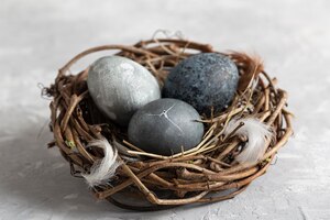 Foto grátis ovos de páscoa em ângulo alto em um ninho de pássaro com penas