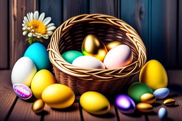 Ovos de Páscoa em uma cesta com flores na mesa