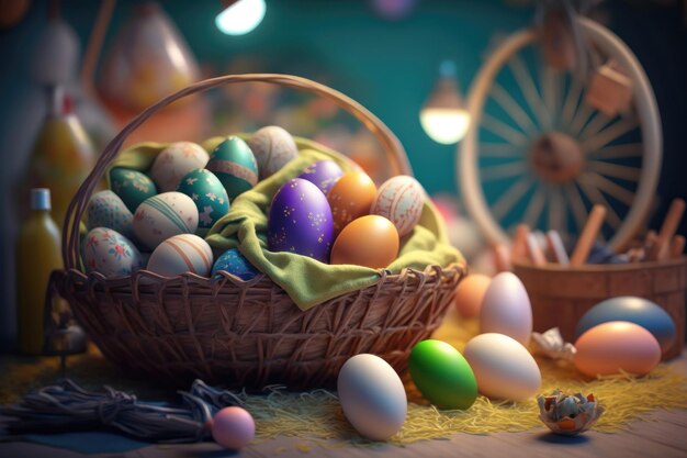Ovos de Páscoa felizes coloridos na cesta na mesa