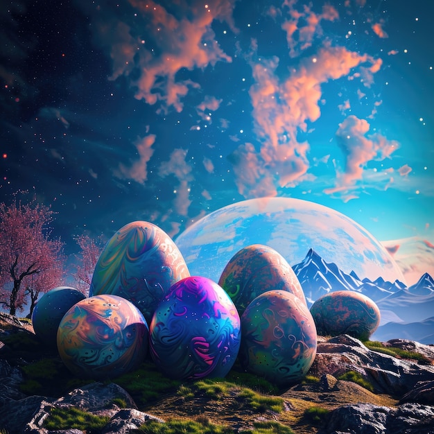 Ovos de Páscoa surrealistas com paisagens de mundos de fantasia