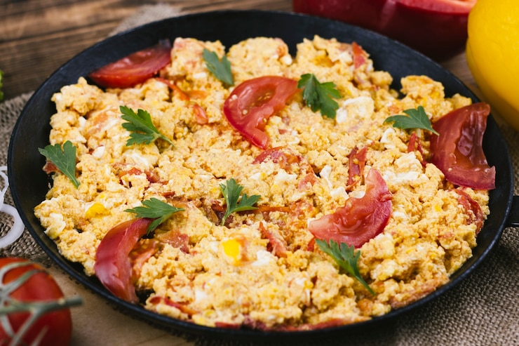 Foto grátis ovos mexidos com tomates em uma panela