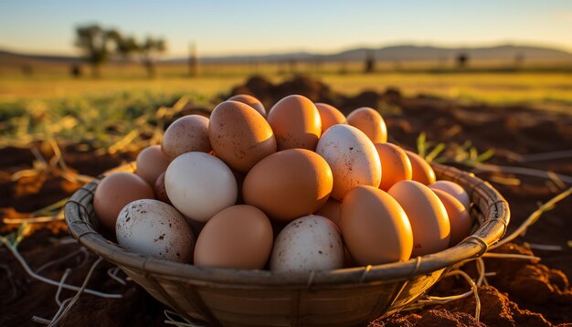 Ovos orgânicos frescos em uma cesta amarela em uma fazenda gerada por inteligência artificial