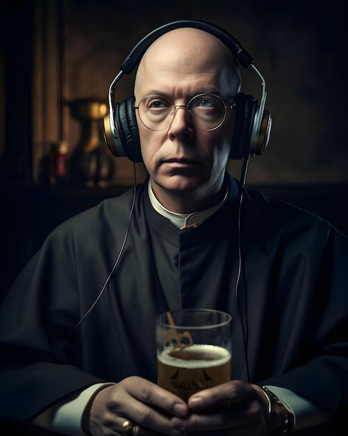 Padre usando fones de ouvido e bebendo papel de parede de cerveja