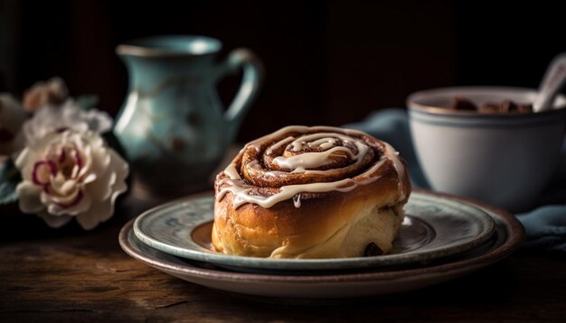 Pãezinhos doces caseiros, chocolate fresco e café gerados por IA