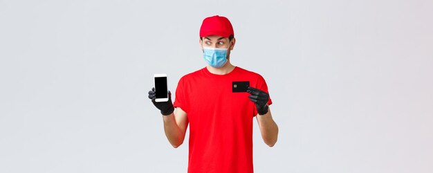 Pagamento de entrega sem contato e compras online durante correio animado cobiçado selfquarantine em vermelho ...
