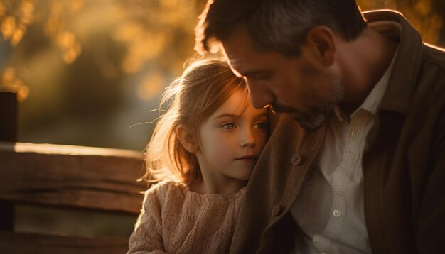 Pai e filho de mãos dadas ao pôr do sol gerado por IA