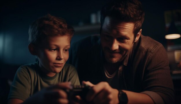 Foto grátis pai e filho se unem em videogame gerado por ia