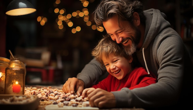 Pai e filho se unindo na cozinha cozinhando gerado por inteligência artificial