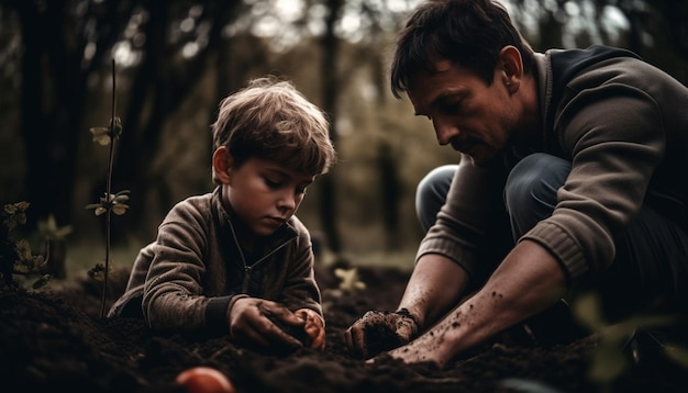 Pai ensinando cuidado do filho plantando árvore dia de outono gerado por IA