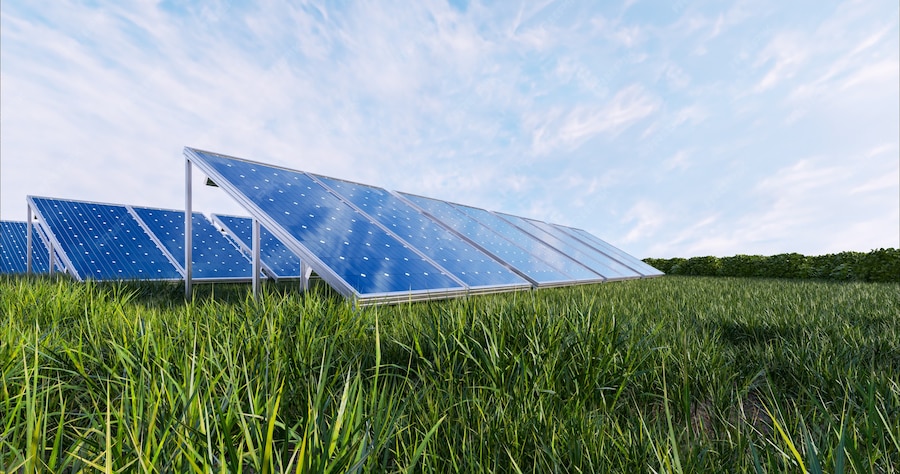 série de placa de energia solar na grama