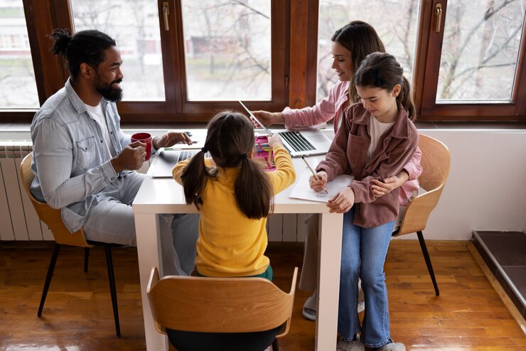 Foto grátis pais e filhos de tiro completo em casa