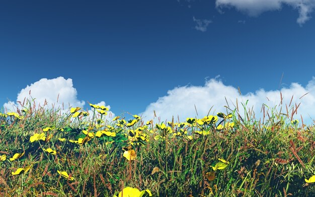 paisagem 3D com campo de botões de ouro e grama