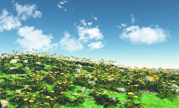 Paisagem 3d com campo de botões de ouro