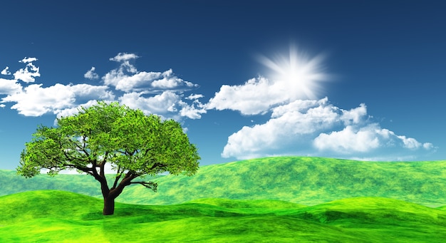 paisagem 3D com uma árvore de encontro a um céu ensolarado azul com nuvens brancas macias