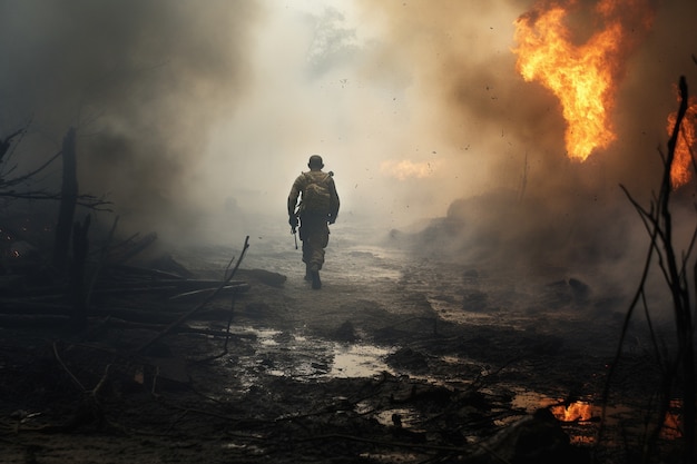 Paisagem apocalíptica de zona de guerra com destruição