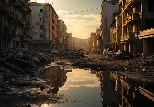 Paisagem apocalíptica de zona de guerra com destruição