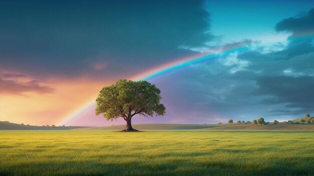 Paisagem com campo de grama verde e árvore solitária incrível imagem gerada por IA de arco-íris