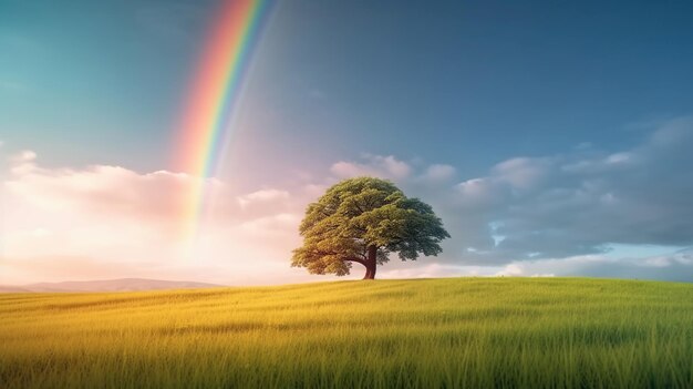 Paisagem com campo de grama verde e árvore solitária incrível imagem gerada por IA de arco-íris