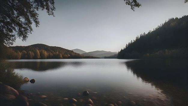 Paisagem com lago e floresta pela manhã Foto de longa exposição