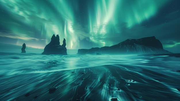 Paisagem da Aurora Boreal sobre o mar