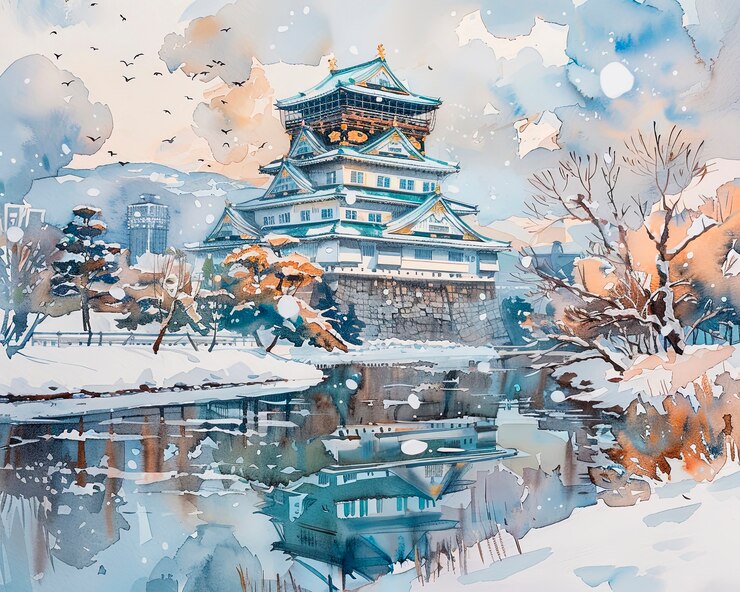Foto grátis paisagem de aquarela do japão com elementos tradicionais
