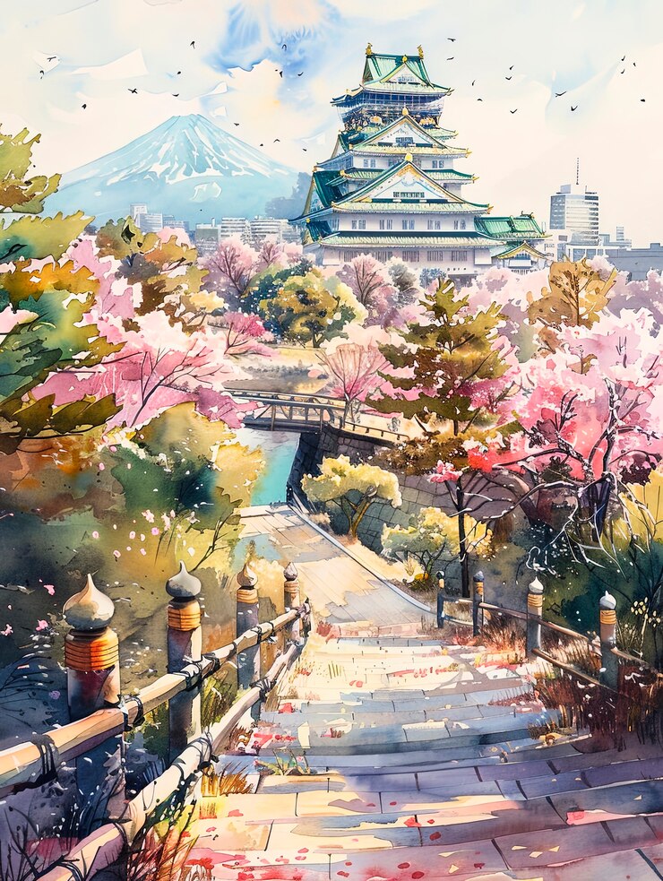 Foto grátis paisagem de aquarela do japão com elementos tradicionais