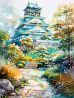 Foto grátis paisagem de aquarela do japão com elementos tradicionais