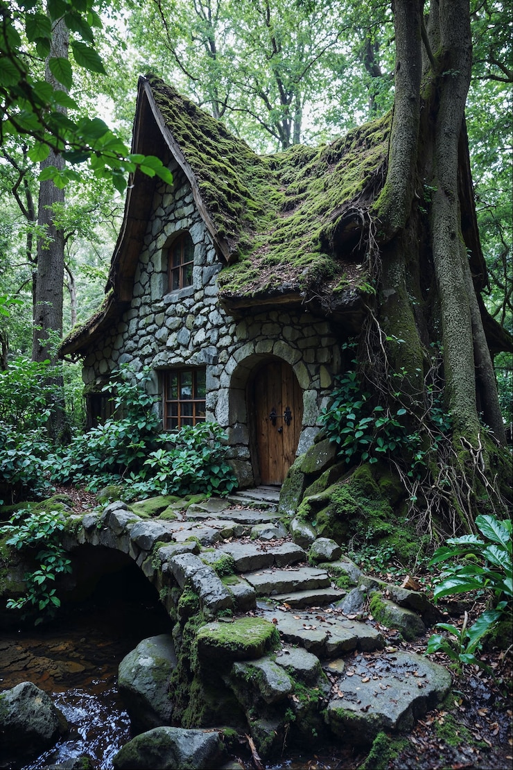 Foto grátis paisagem de fantasia de cabana de pedra encantada
