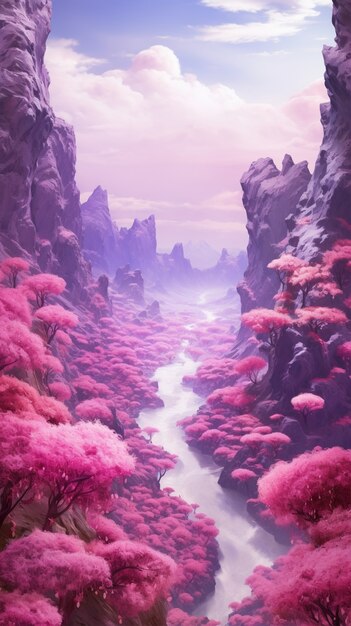 Paisagem de fantasia magenta com natureza