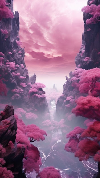 Paisagem de fantasia magenta com natureza