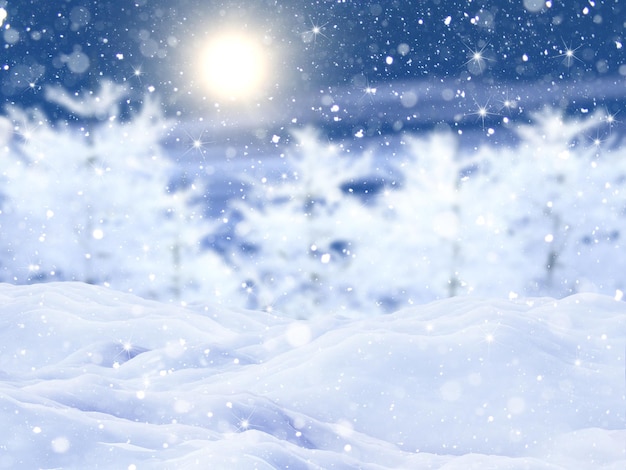 Paisagem de inverno de natal 3d com estrelas de neve e luzes de bokeh