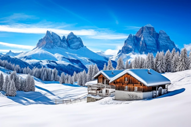 Paisagem de inverno nevada com casas, montanhas e céu azul