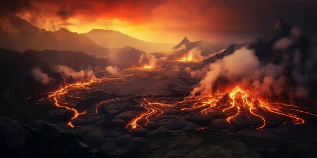 Paisagem de lava e vulcão