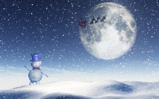 Paisagem de Natal com boneco de neve acenando para o Papai Noel no céu
