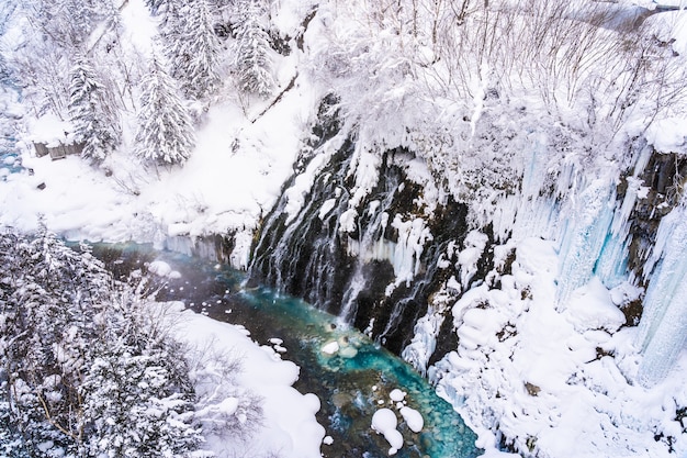 Paisagem de natureza ao ar livre bonita com cachoeira shirahige e ponte na temporada de inverno neve