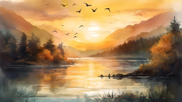 paisagem de pintura do lago ao nascer do sol