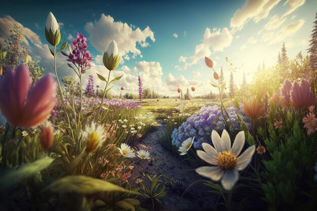 Paisagem de primavera ou verão com flores de prado e céu azul com nuvens