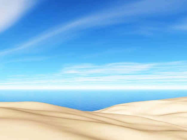 Paisagem de verão 3D com areia e mar contra o céu azul