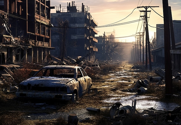Foto grátis paisagem de zona de guerra com destruição apocalíptica
