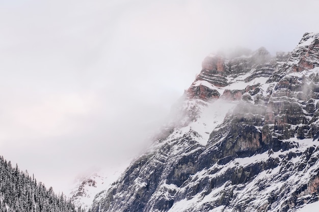 Paisagem deslumbrante das montanhas nevadas com o céu cinza ao fundo