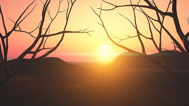 paisagem do por do sol 3D com árvores mostradas em silhueta