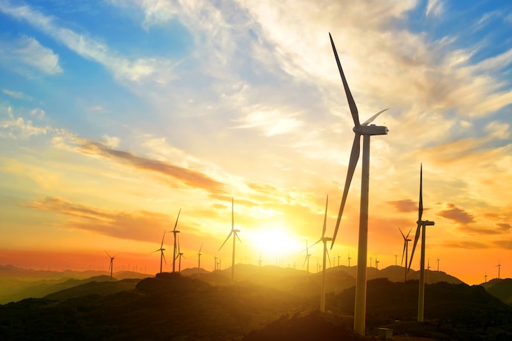 Foto grátis paisagem ensolarada com moinhos de vento