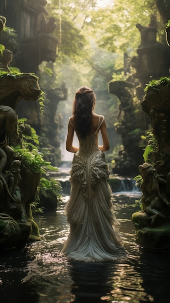 Foto grátis paisagem inspirada em um videogame mítico com uma mulher na natureza