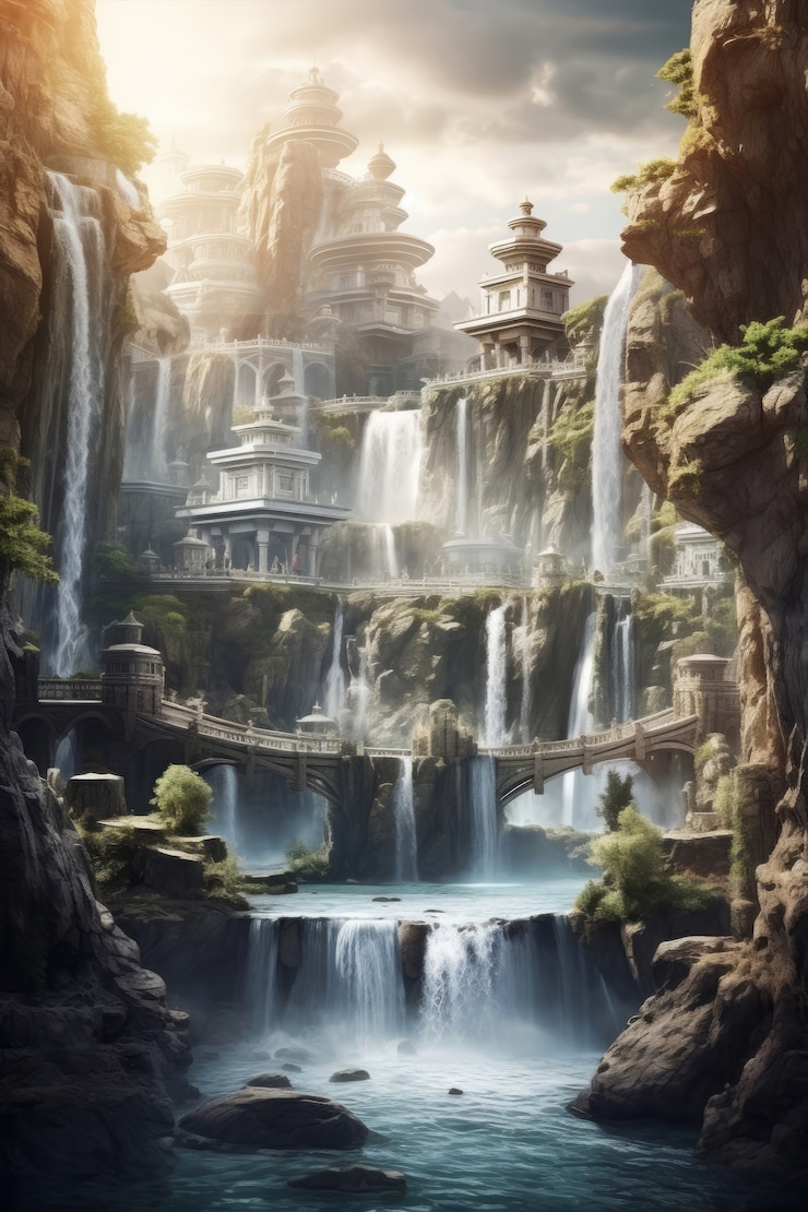 Foto grátis paisagem inspirada em videogame mítico com cachoeira