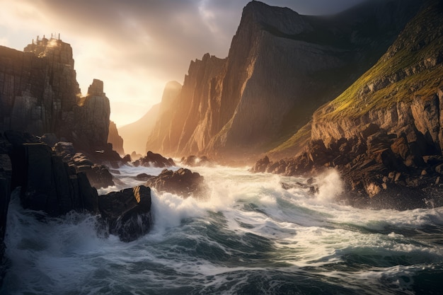 Foto grátis paisagem inspirada em videogame mítico com costa marítima agitada