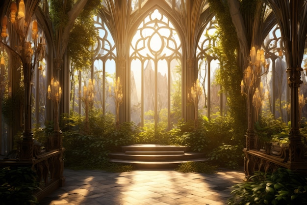 Paisagem inspirada em videogame mítico com vista para o palácio