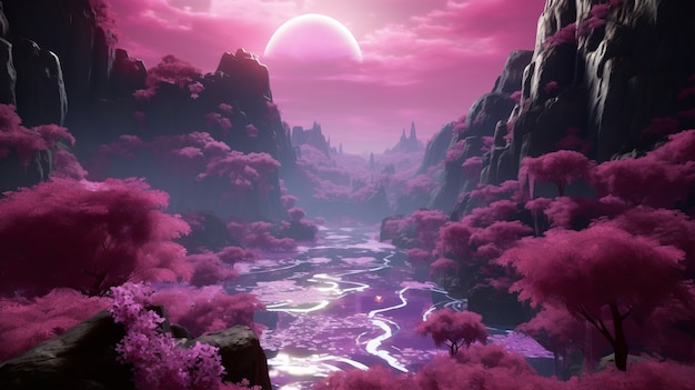 Paisagem magenta com natureza de fantasia